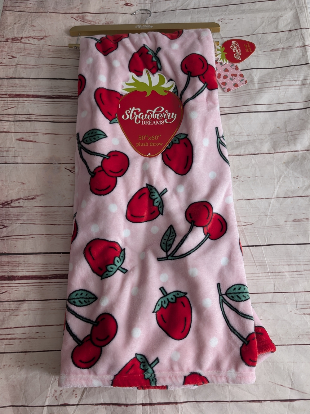 Plush Throw Blanket - Pink with Red Fruit Print